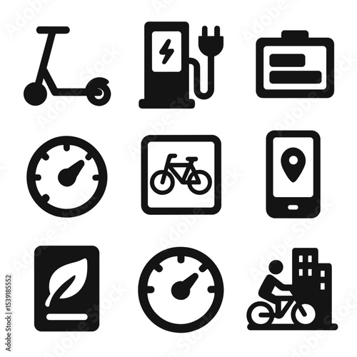 Electric Mobility Icons. Solid style icons of electric mobility: e-scooter, charging port, battery icon, range meter, bike lane,