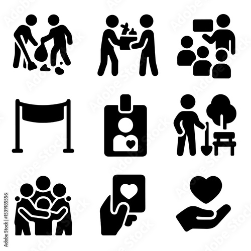 Community Service Icons. Solid style icons of community service: clean-up group, local food bank, teaching session, donation box,