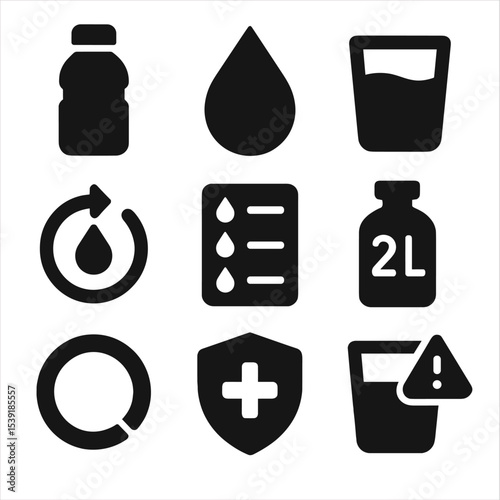Hydration Tracking Icons. Solid style icons of hydration tracking: water bottle, droplet icon, glass of water, refill reminder,