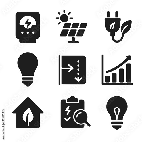 Energy Efficiency Icons. Solid style icons of energy efficiency: smart meter, solar panel, green plug, LED bulb, insulation icon,