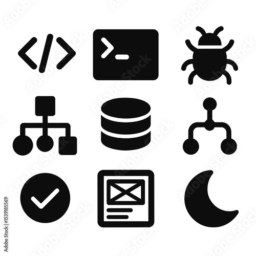 Coding Icon Set. Solid style icons of coding and development: code bracket, terminal icon, bug icon, flow diagram, database stack,