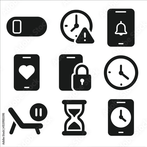 Screen Time Icons. Solid style icons of screen time control: screen limit toggle, clock alert symbol, phone timeout mode, screen