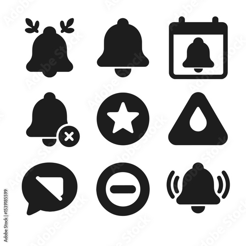 Mindful Notification Icons. Solid style icons of mindful notifications: calm bell, soft alert, scheduled ping, silent notification
