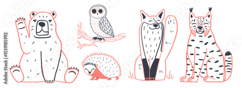 Wild animal doodles set. Set of hand drawn forest animals with bear, owl, hedgehog, fox, and lynx. Black and orange outlines collection. Elements for textile prints, notepads, and posters