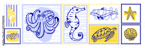 Trendy sea life postage stamp collage. Hand drawn shell, octopus, crab, dolphin, turtle, seahorse and starfish. Graphic elements