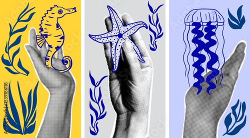 Ocean life trendy collage design. Halftone hands holding sea horse, jellyfish and starfish.