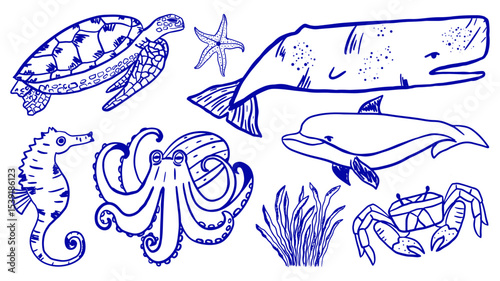 Marine animals hand drawn simple line trendy set. Sea and oceans turtle, sperm whale, starfish, dolphin, seahorse, octopus, sea plants and crab