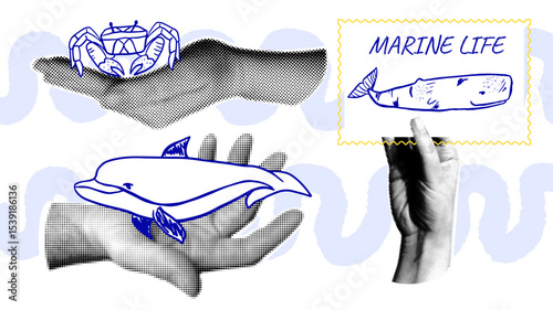 Marine Life halftone collage design. Vintage hand holding dolphin, wave with crab and stamp with whale. Graphic elements
