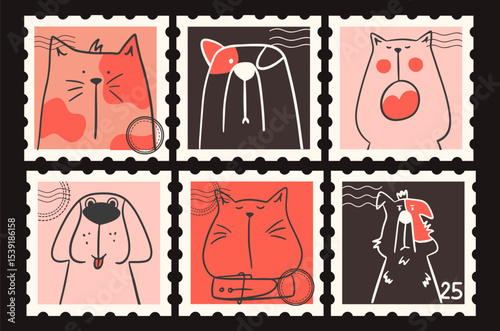 Trendy animal postage stamps design. Funny line art cats and dogs. Graphic elements with cute pets.
