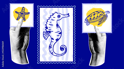Vintage collage with halftone hands  holding stamps with marine elements.Hand drawn trendy design