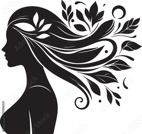 Stylized Woman Profile with Nature-Inspired Hair Design	