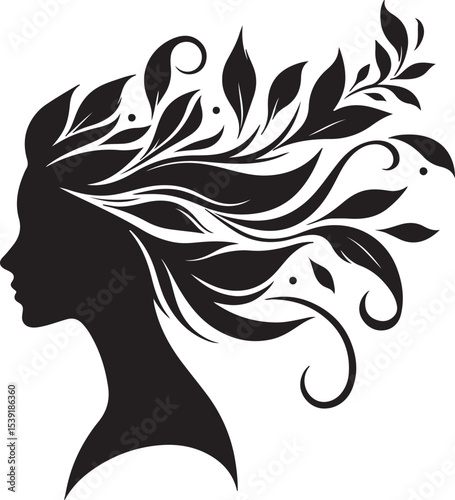 Stylized Woman Profile with Nature-Inspired Hair Design	