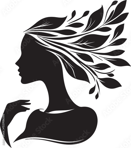 Stylized Woman Profile with Nature-Inspired Hair Design	