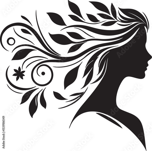 Stylized Woman Profile with Nature-Inspired Hair Design	
