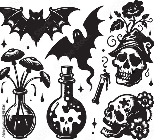 Creepy Halloween Symbol Collection – Silhouettes of Mystic Objects
