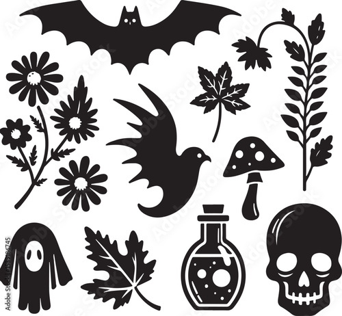 Witchy Halloween Silhouette Set – Potion, Skull, Bat & More
