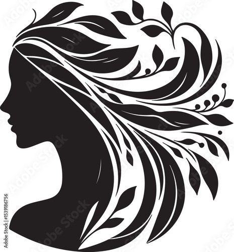 Stylized Woman Profile with Nature-Inspired Hair Design	