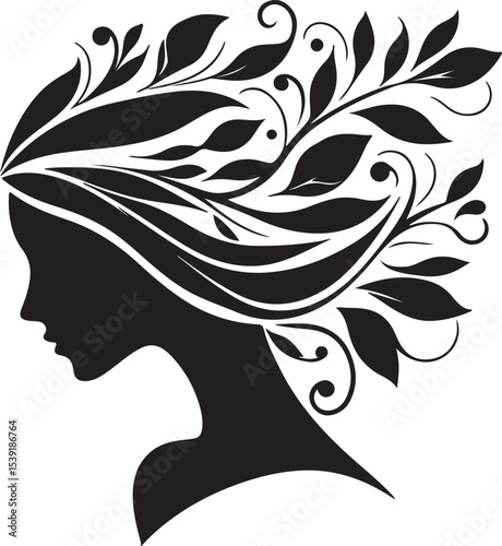 Stylized Woman Profile with Nature-Inspired Hair Design	