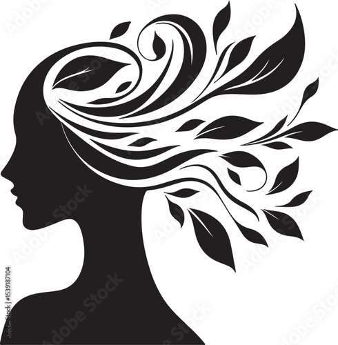 Stylized Woman Profile with Nature-Inspired Hair Design	