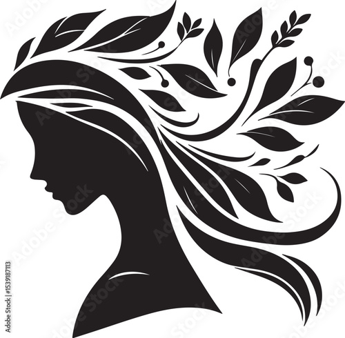 Stylized Woman Profile with Nature-Inspired Hair Design	