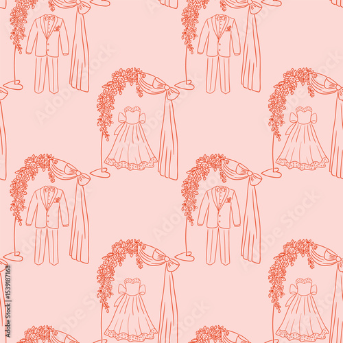Wedding pattern with floral arches, bridal gowns and groom suits on soft pink background. Concept conveys romance, marriage celebration and elegant ceremony style