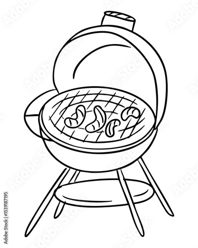 Charcoal grill with sausages on the grate, hand drawn in simple black outline. Concept represents summer barbecue, outdoor cooking and picnic leisure