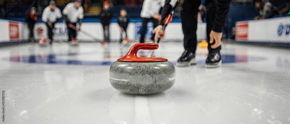 Fototapeta premium A solitary curling stone with a red handle sits on polished ice, grooves visible, background softly blurred with active players