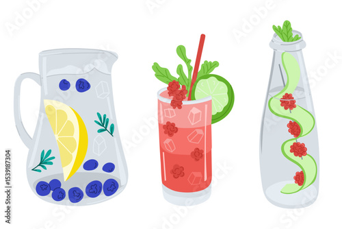 Refreshing drinks in various glassware with fruits, berries, herbs and ice, hand drawn vector style. Concept reflects summer hydration, healthy lifestyle and homemade beverages
