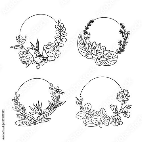 Collection of four circular floral wreaths featuring various blossoms and leaves in hand-drawn line art. Concept represents natural elegance, botanical harmony and decorative frame design