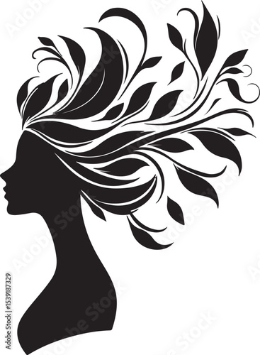 Stylized Woman Profile with Nature-Inspired Hair Design	
