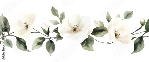 Soft watercolor white flowers and greenery in horizontal floral arrangement