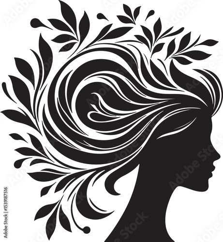 Stylized Woman Profile with Nature-Inspired Hair Design	