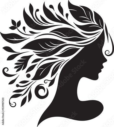 Stylized Woman Profile with Nature-Inspired Hair Design	