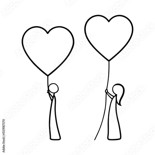 Romantic couple holding heart shaped balloons a charming vector illustration