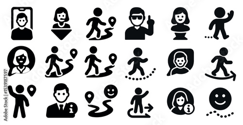 Collection of icons depicting people walking, running, and smiling. The icons are all black and white