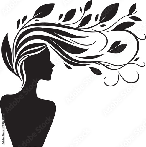 Stylized Woman Profile with Nature-Inspired Hair Design	