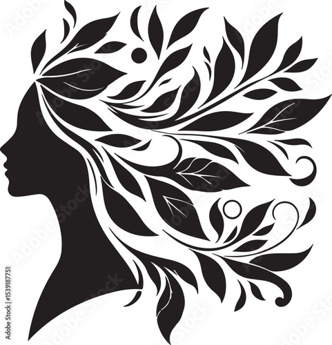 Stylized Woman Profile with Nature-Inspired Hair Design	