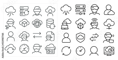 The image is a collection of icons that represent various technology-related concepts. The icons include a person wearing a virtual reality headset, a person holding a laptop