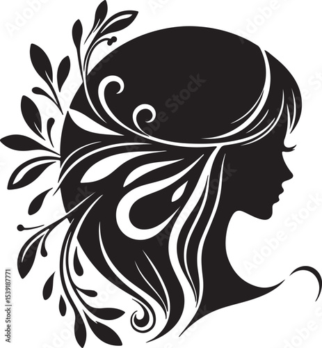 Stylized Woman Profile with Nature-Inspired Hair Design	