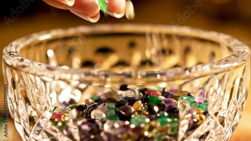 Slow motion macro shot of multicolored gemstones being poured into a cut-glass bowl. Gems clink and scatter with crisp ASMR sounds as the bowl sparkles under soft golden studio lighting. 