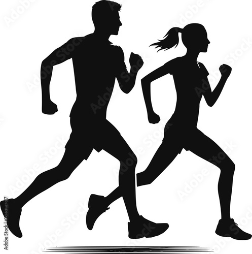 Running man and woman, isolated vector silhouettes. Run, side view. Silhouettes of athletic looking male and female runners running. EPS 10 version.
