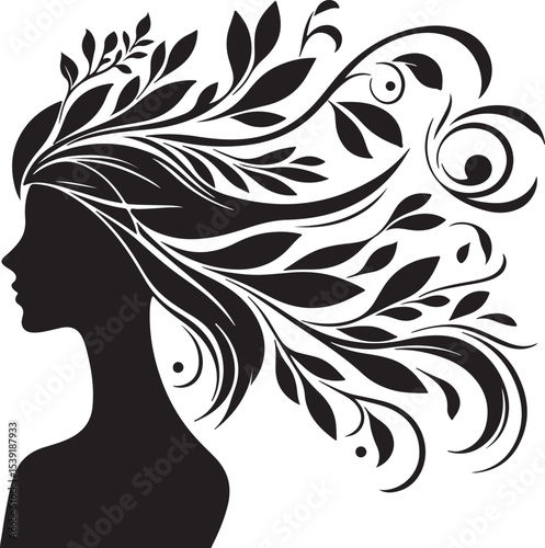 Stylized Woman Profile with Nature-Inspired Hair Design	