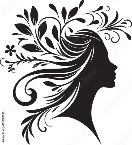 Stylized Woman Profile with Nature-Inspired Hair Design	