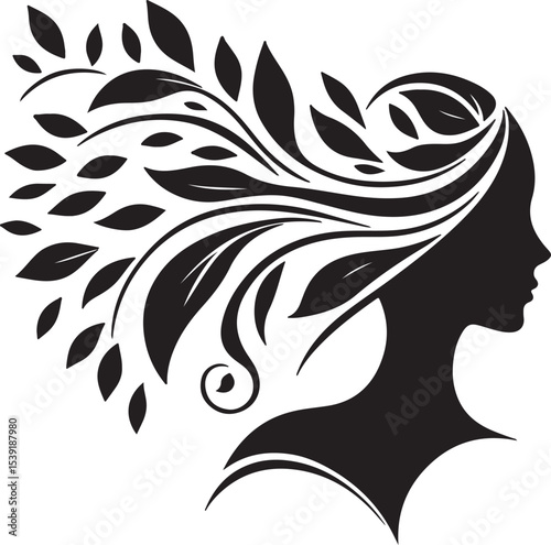 Stylized Woman Profile with Nature-Inspired Hair Design	