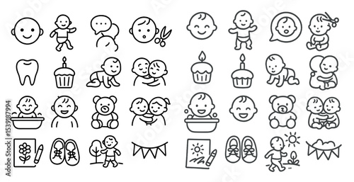 Collection of baby icons including a teddy bear, a cupcake, a cake, a toothbrush, a bottle, a baby, a baby doll, a baby bottle, a baby's head, a baby's face, a baby's hand