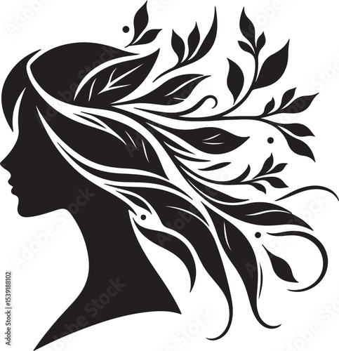 Stylized Woman Profile with Nature-Inspired Hair Design	