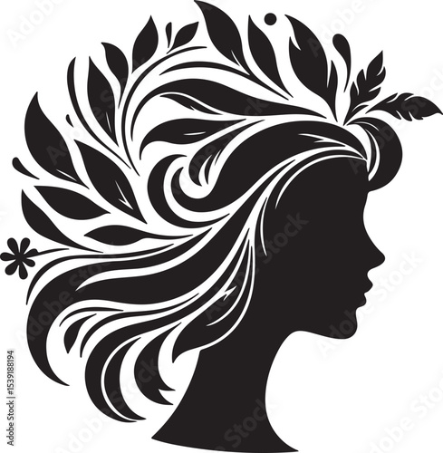 Stylized Woman Profile with Nature-Inspired Hair Design	