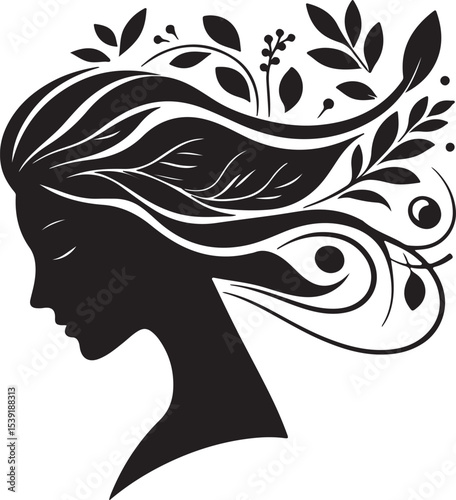 Stylized Woman Profile with Nature-Inspired Hair Design	