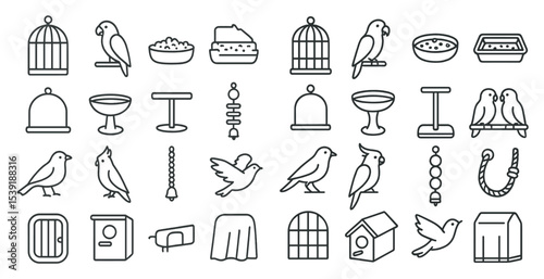 Collection of bird-related icons, including a birdcage, bird feeder, birdhouse, and bird toys