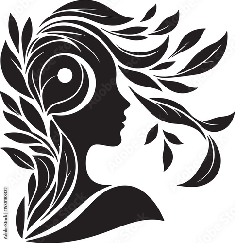 Stylized Woman Profile with Nature-Inspired Hair Design	